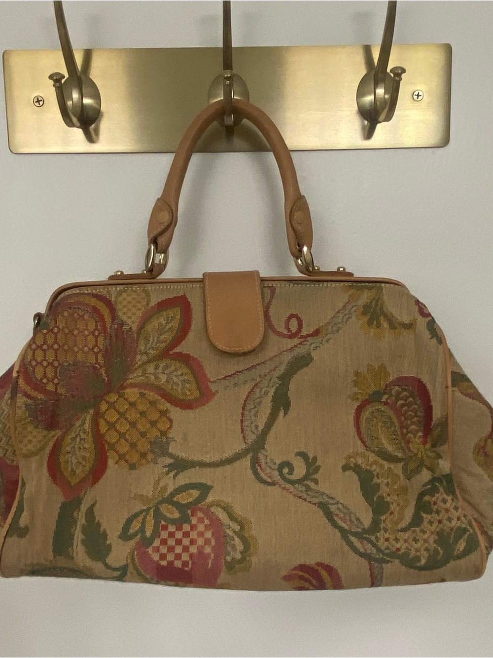 Tapestry Floral Satchel with Tan Leather Trim